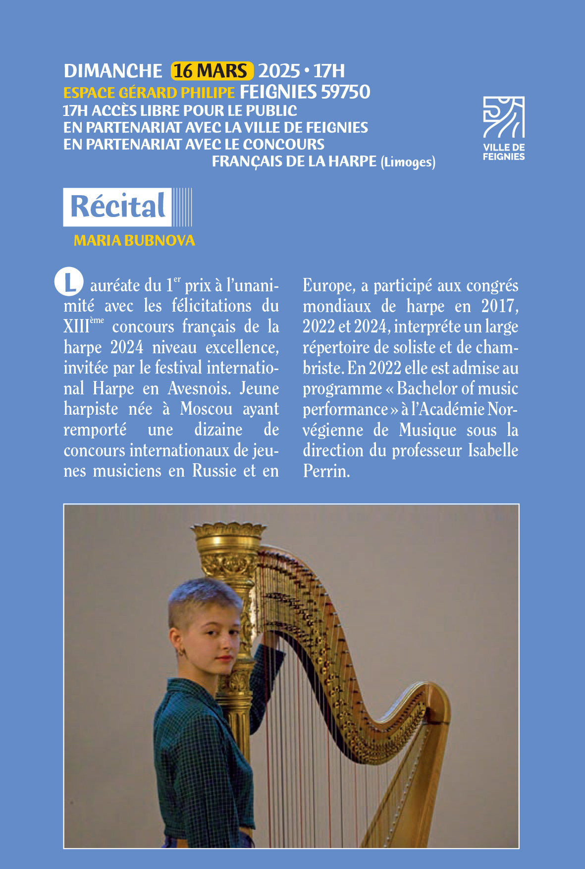 31ème Festival International "Harpe en Avesnois" : Récital... Le 16 mars 2025